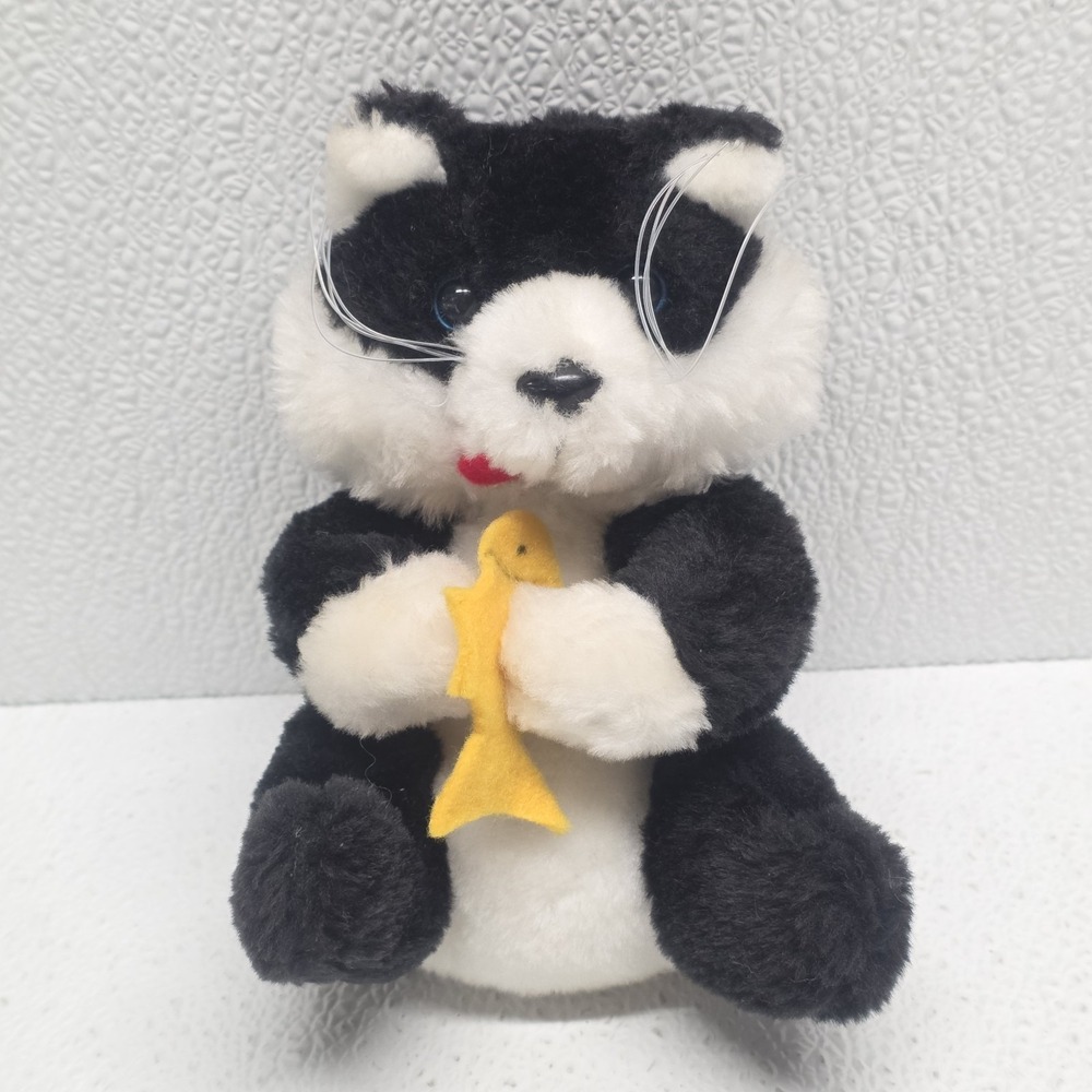 Commonwealth Black White Cat 6.5" Plush with Yellow Fish - Vintage 1987